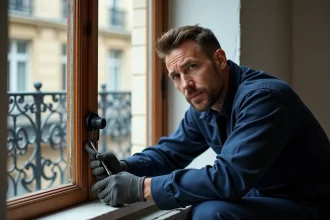 Serrurier installant un verrou de sécurité sur une fenêtre donnant sur rue dans un appartement parisien