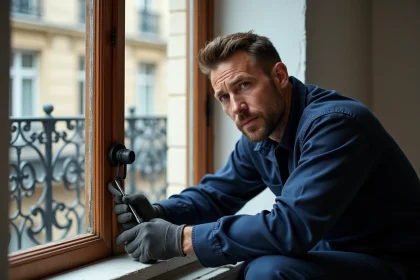 Serrurier installant un verrou de sécurité sur une fenêtre donnant sur rue dans un appartement parisien