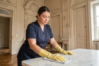Femme de ménage professionnelle en uniforme nettoyant un plan de travail en marbre dans un appartement élégant de Versailles