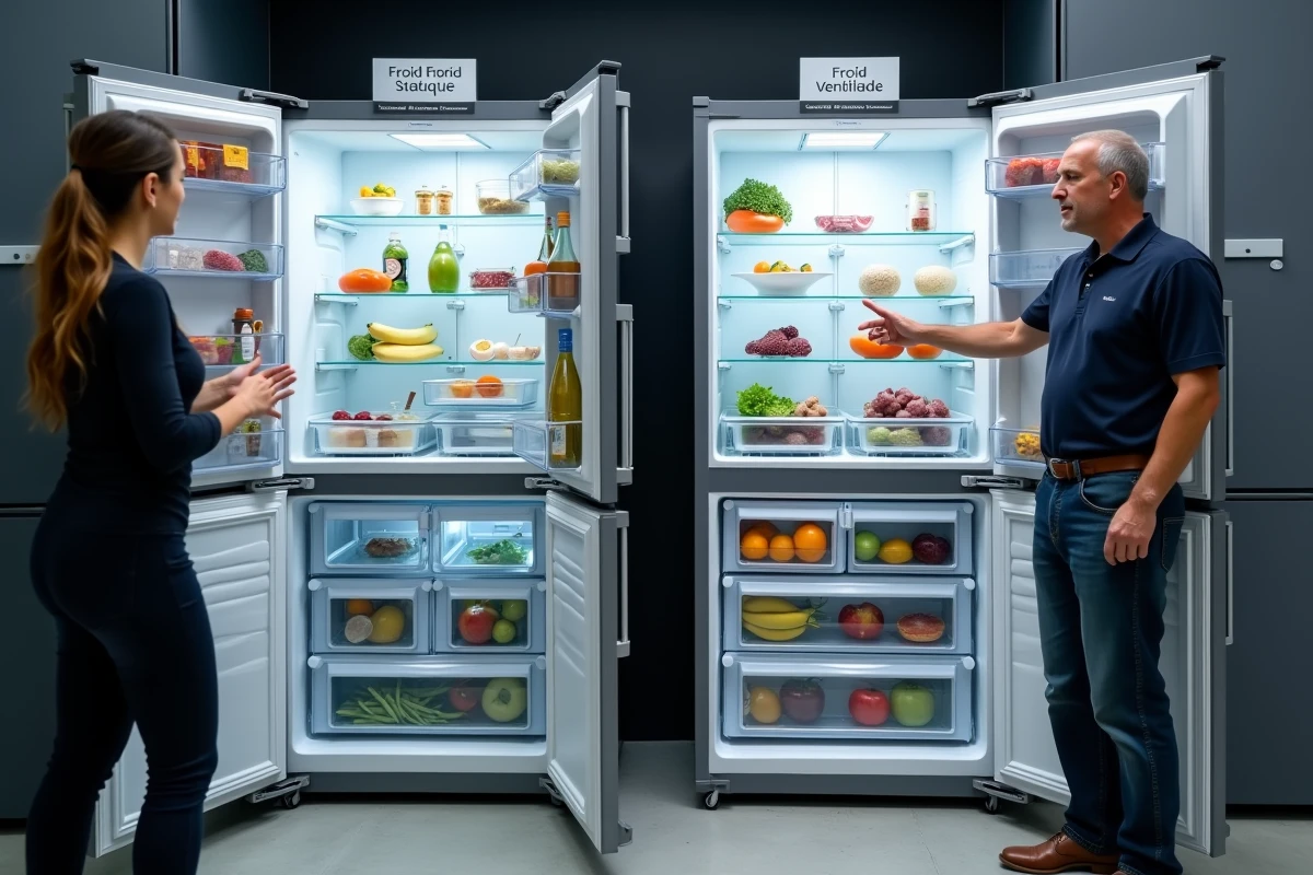Vendeur présentant deux réfrigérateurs côte à côte dans un showroom d'électroménager, froid statique versus froid ventilé