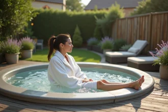 Femme assise au bord d'un spa extérieur rond sur une terrasse en bois dans un jardin
