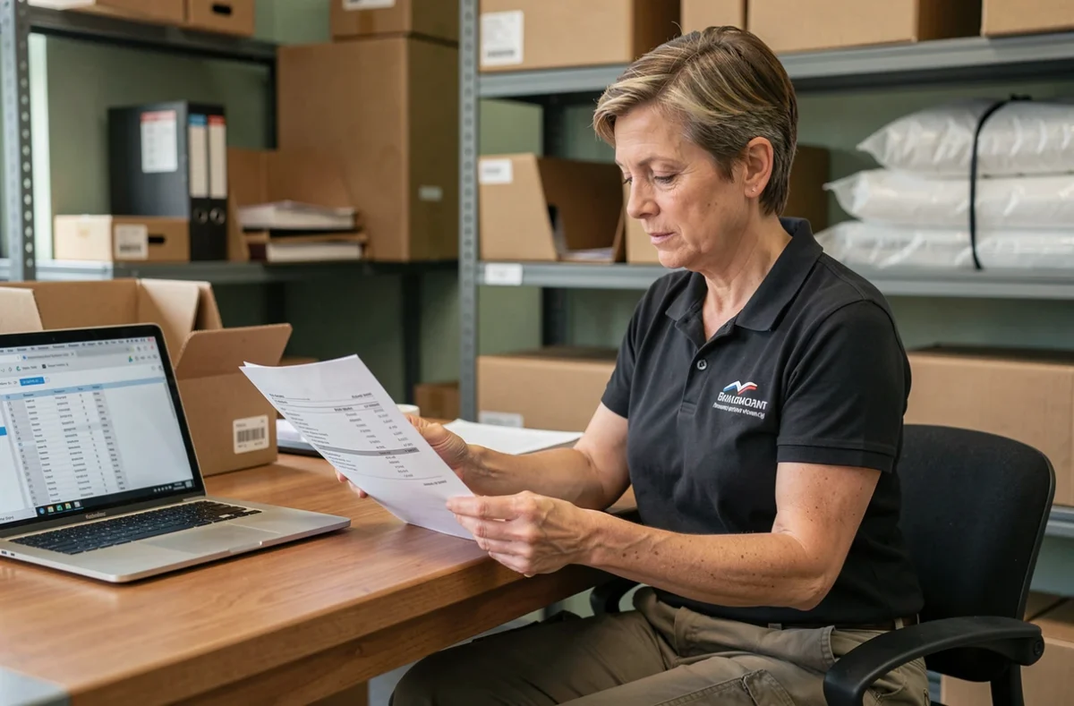 Spécialiste du transport de piano consultant un devis tarifaire dans un bureau logistique professionnel