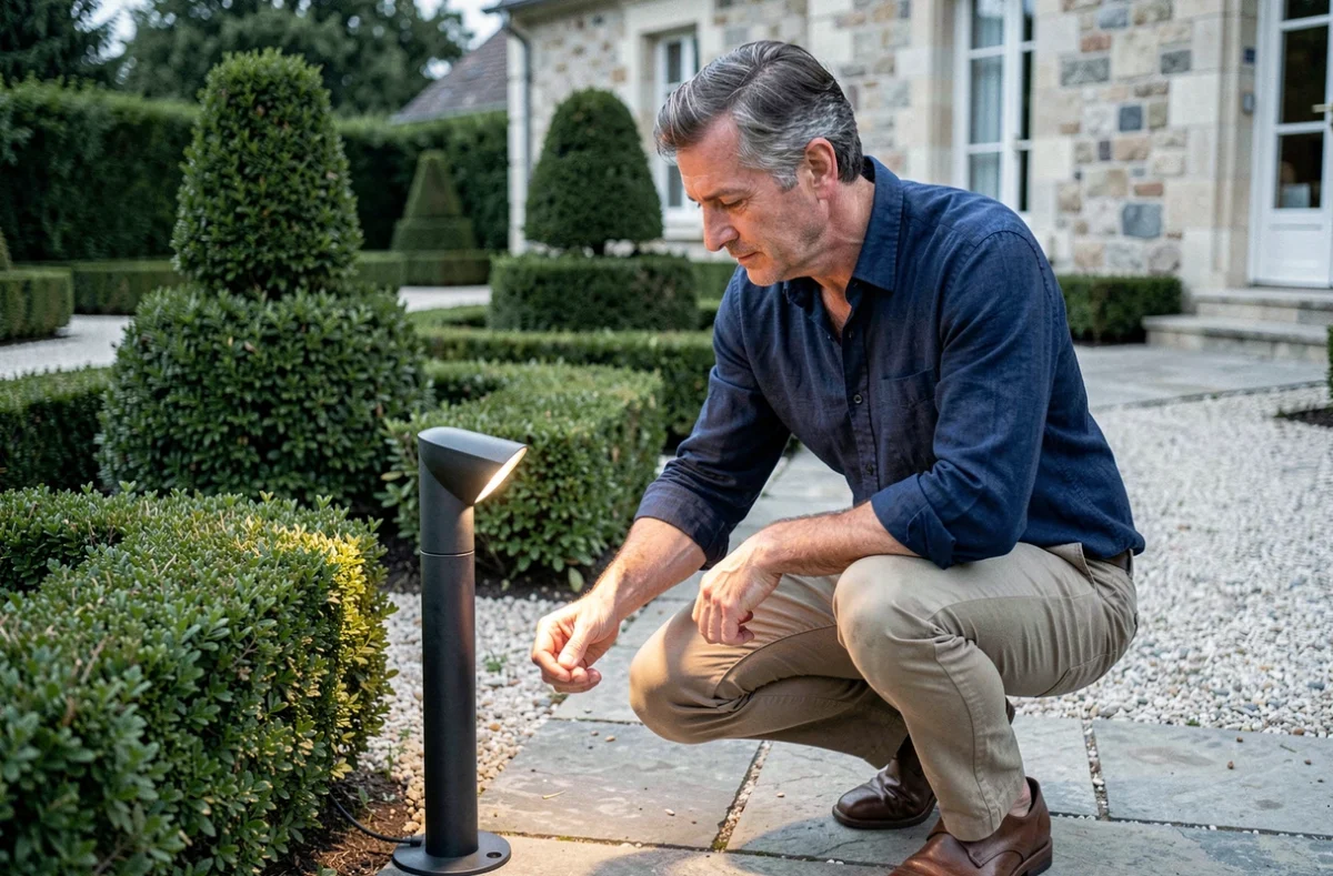 Homme installant un spot de jardin à lumière froide le long d'une allée en gravier dans un jardin de style français avec des buis taillés