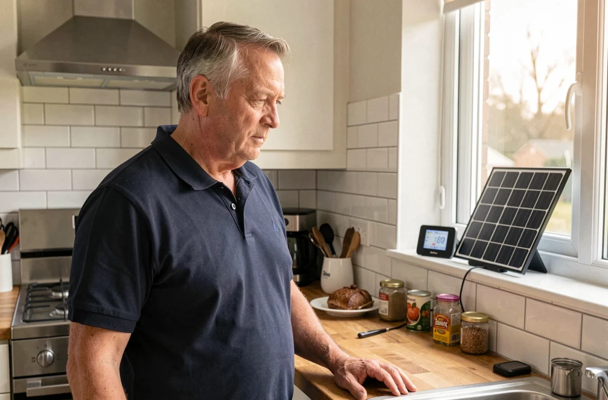 Homme vérifiant la production d'énergie d'un kit solaire sur un moniteur dans une cuisine moderne