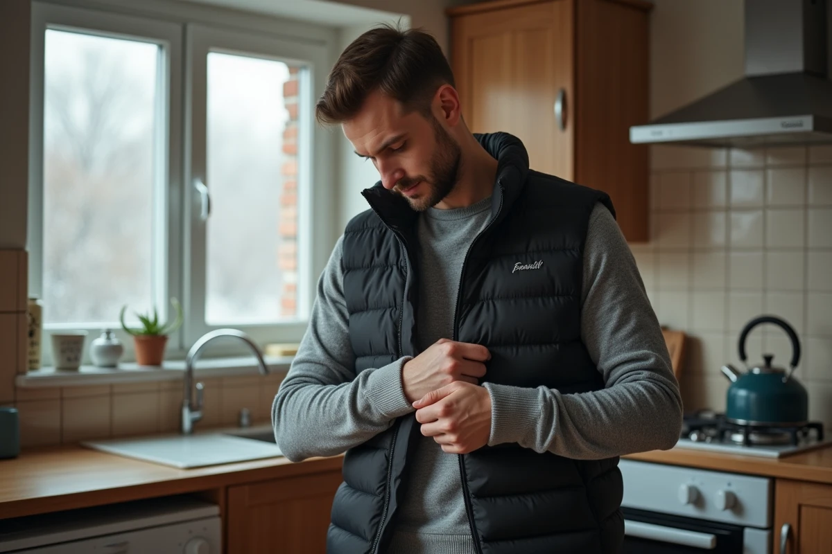 Homme superposant des couches de vêtements thermiques dans une cuisine d'appartement pour se réchauffer en hiver