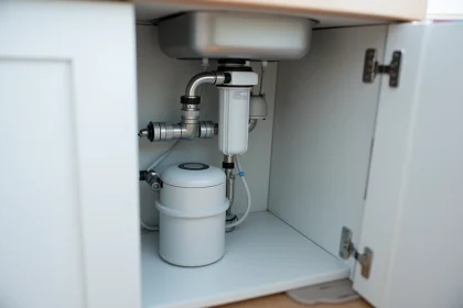 Système de filtration d'eau sous évier avec tuyaux en acier inoxydable et cartouches filtrantes dans un meuble de cuisine moderne