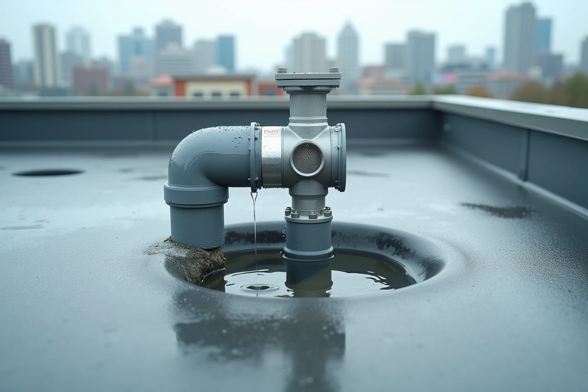 Système de récupération d'eau de pluie en toiture plate avec filtre premier jet en inox et tuyau PEHD sur un bâtiment urbain contemporain