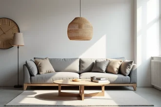 Grande suspension en rotin au-dessus d'une table basse dans un salon moderne scandinave