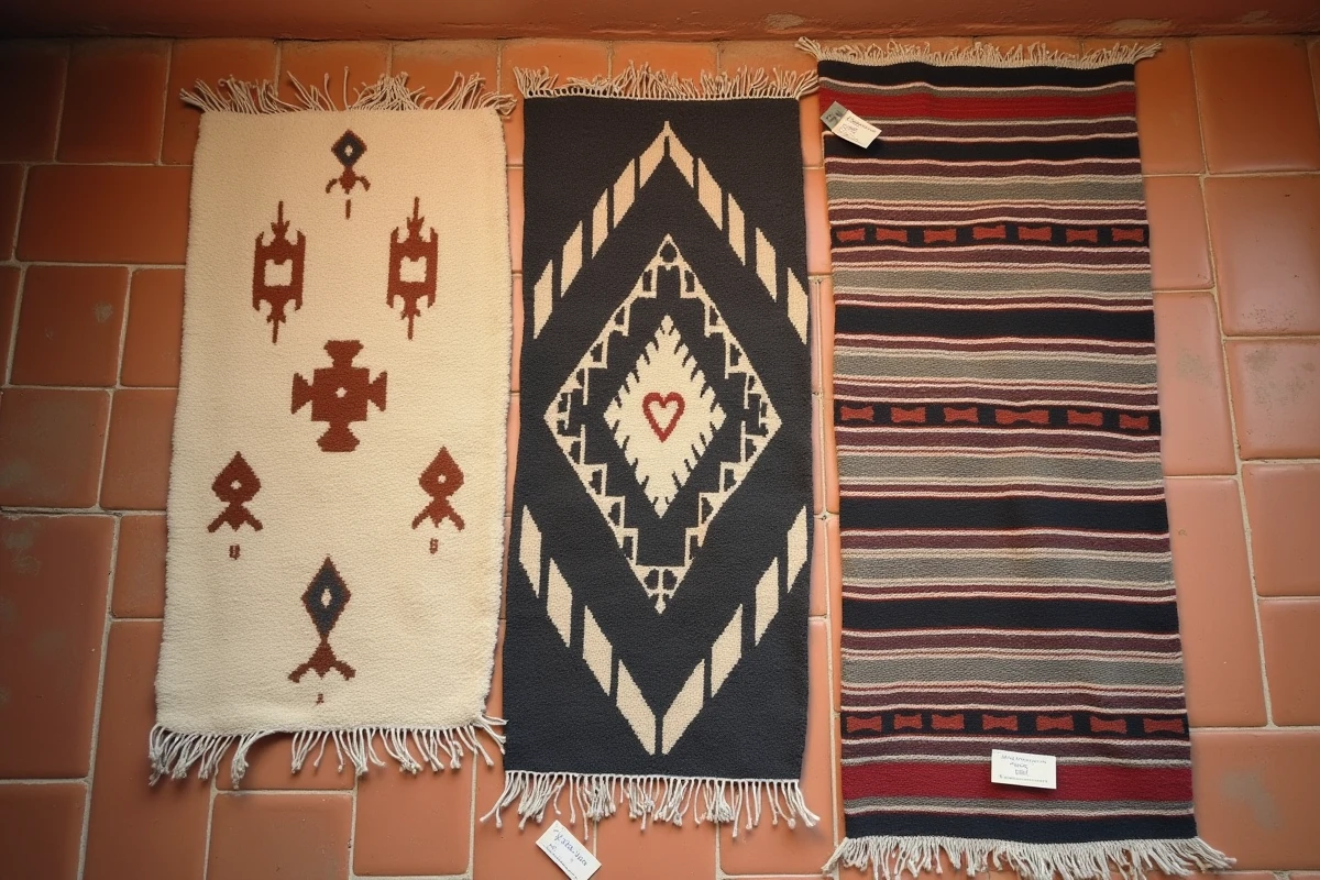 Vue aérienne de trois tapis berbères marocains Azilal, Beni Ourain et Kilim avec étiquettes de prix sur sol en terre cuite