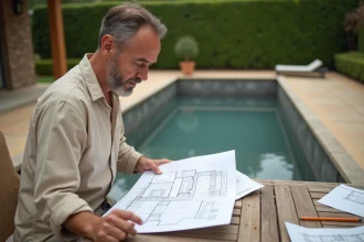 Entrepreneur examinant des documents fiscaux et plans de construction près d'une piscine en cours de construction dans un jardin résidentiel