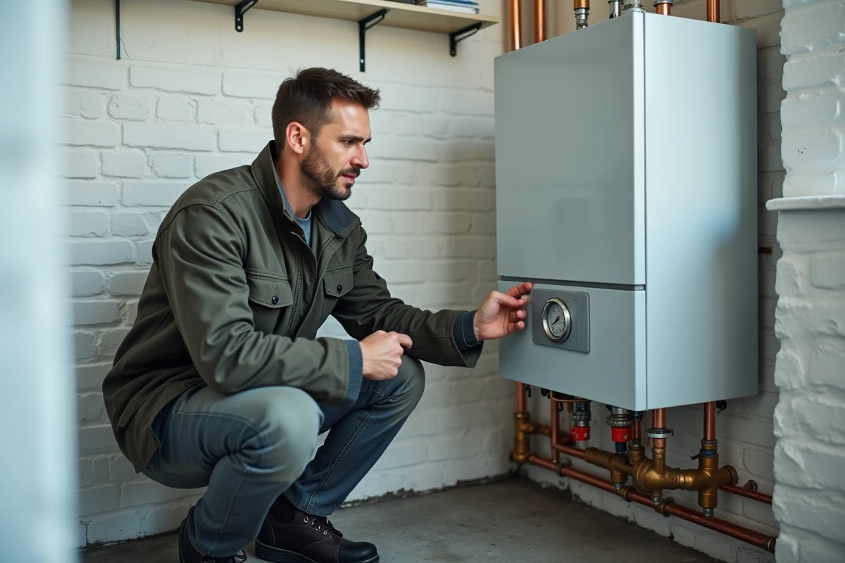 Technicien inspectant une chaudière à condensation dans une chaufferie domestique pour assurer un chauffage sûr et performant