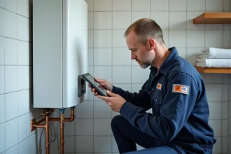 Technicien inspectant une chaudière électrique pour chauffage central dans une buanderie moderne