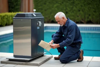 Technicien inspectant un chauffe-piscine au gaz installé en extérieur près d'une piscine