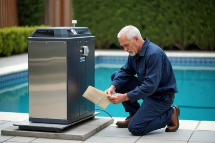 Technicien inspectant un chauffe-piscine au gaz installé en extérieur près d'une piscine