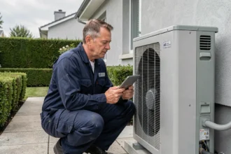 Technicien en uniforme inspectant une pompe à chaleur extérieure installée contre la façade d'une maison moderne avec une tablette numérique