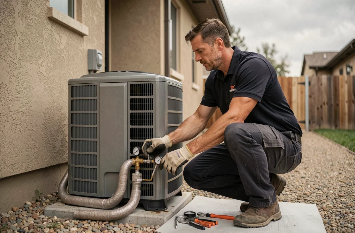Technicien HVAC inspectant les connexions d'une pompe à chaleur résidentielle lors d'une installation professionnelle