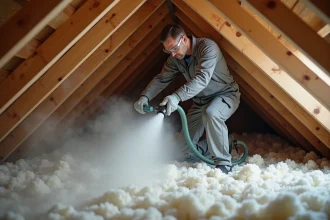 Technicien en combinaison grise soufflant de la ouate de cellulose dans des solives de combles en bois lors d'un chantier d'isolation thermique