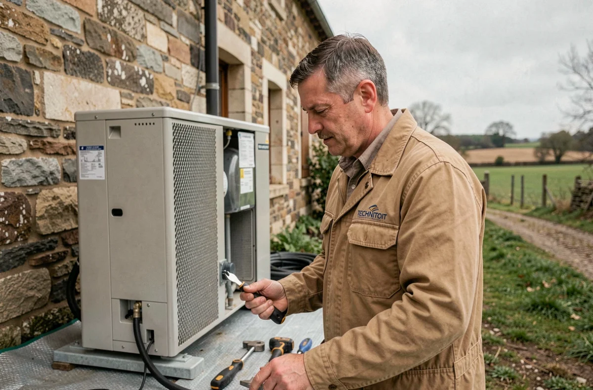 Spécialiste Technitoit inspectant une pompe à chaleur près de Châteaubriant