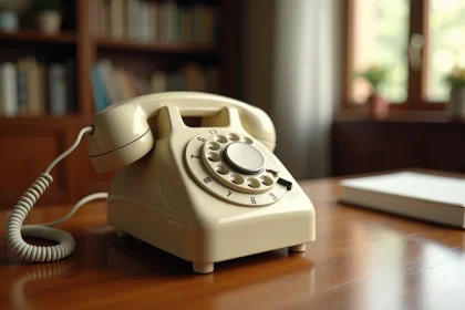 Téléphone à cadran rotatif vintage en bakélite ivoire connecté à un adaptateur moderne sur un bureau en bois
