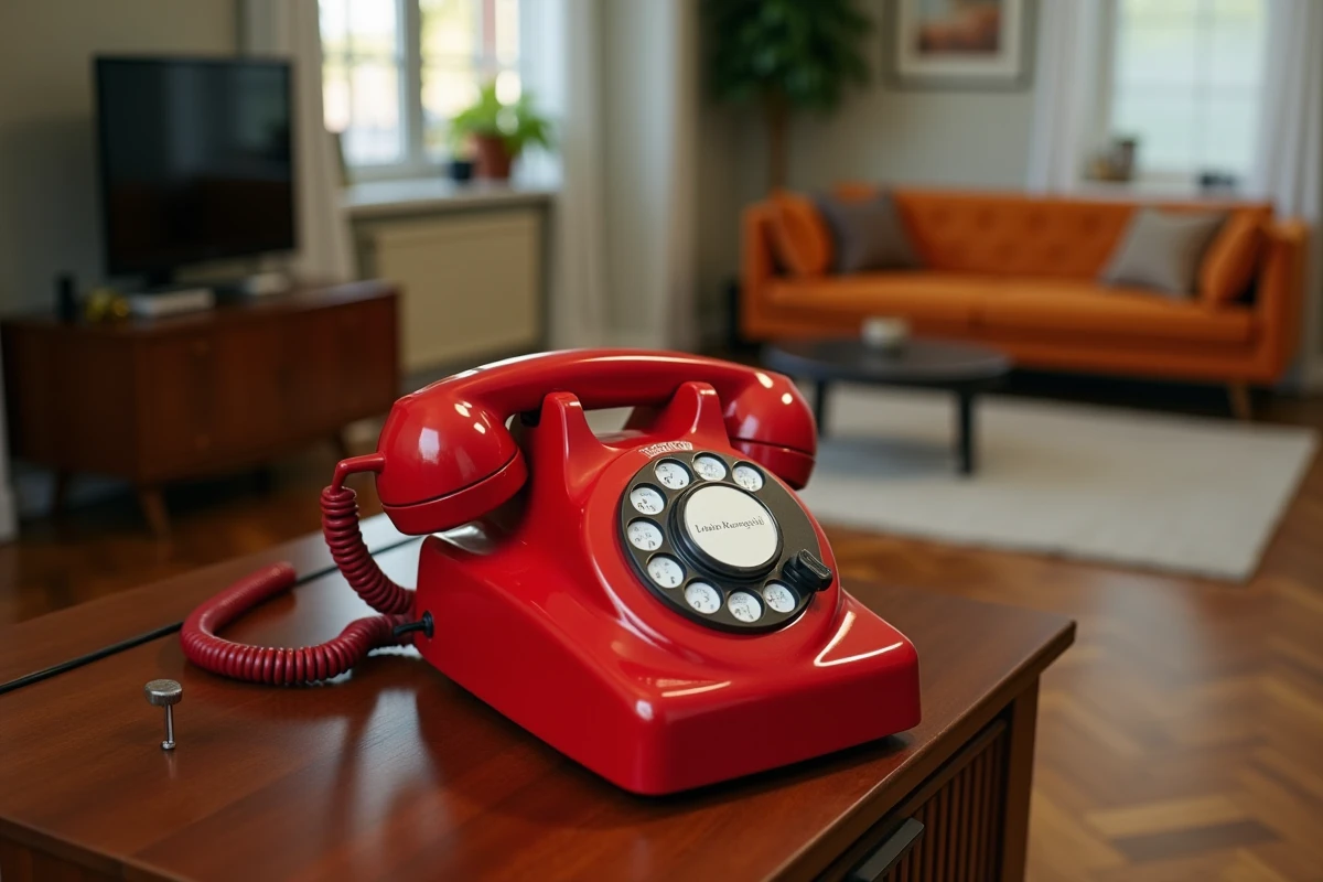 Téléphone à cadran rotatif rouge restauré posé sur un buffet vintage avec connexion RJ11 murale
