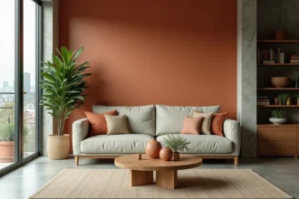 Salon moderne 2026 avec murs en terracotta et canapé en lin, tendance couleurs naturelles et chaleureuses pour la décoration intérieure