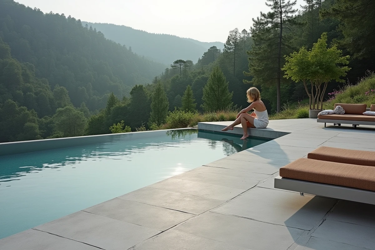Femme assise au bord d'une piscine à débordement entourée de carrelage grès cérame grand format avec vue sur forêt