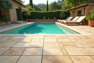 Terrasse de piscine en travertin naturel texturé autour d'un bassin rectangulaire avec mobilier de jardin et végétation méditerranéenne