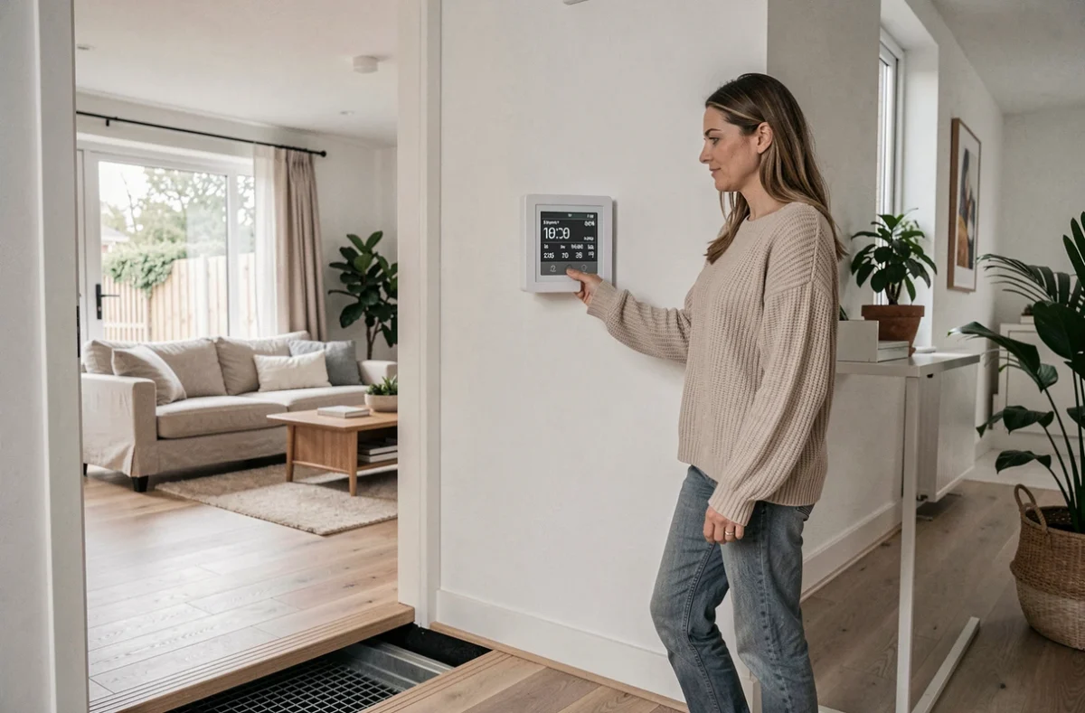 Femme réglant le thermostat d'une pompe à chaleur dans un grand salon moderne avec plancher chauffant