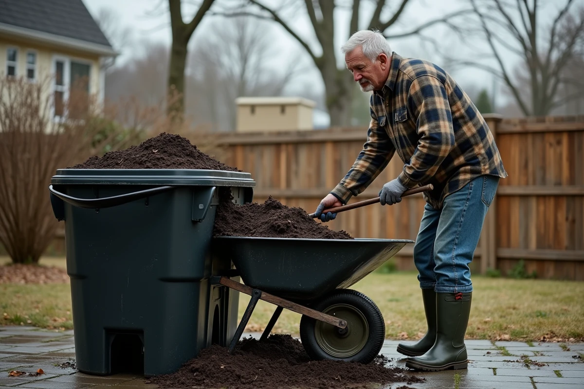 Homme transvasant du compost mûr d'un composteur plastique dans une brouette en bois