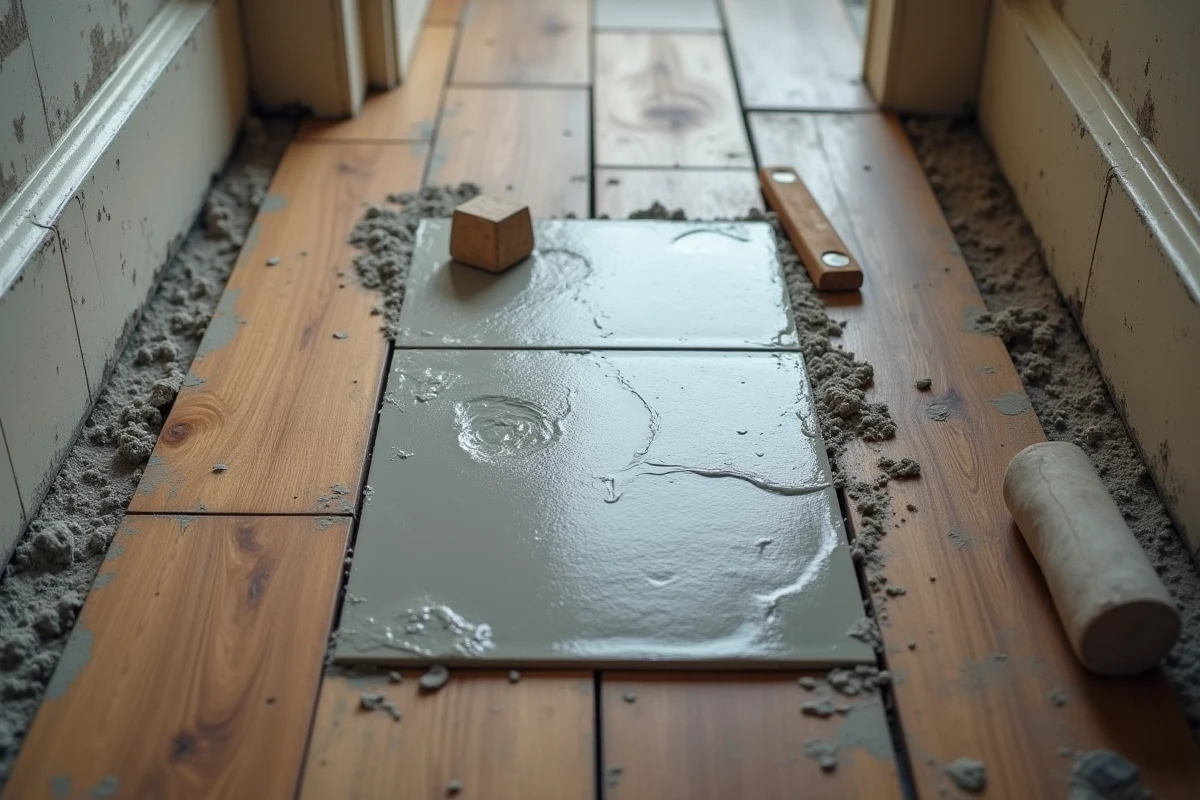 Détail de la transition entre parquet bois et mortier-colle pour la pose de carrelage en rénovation