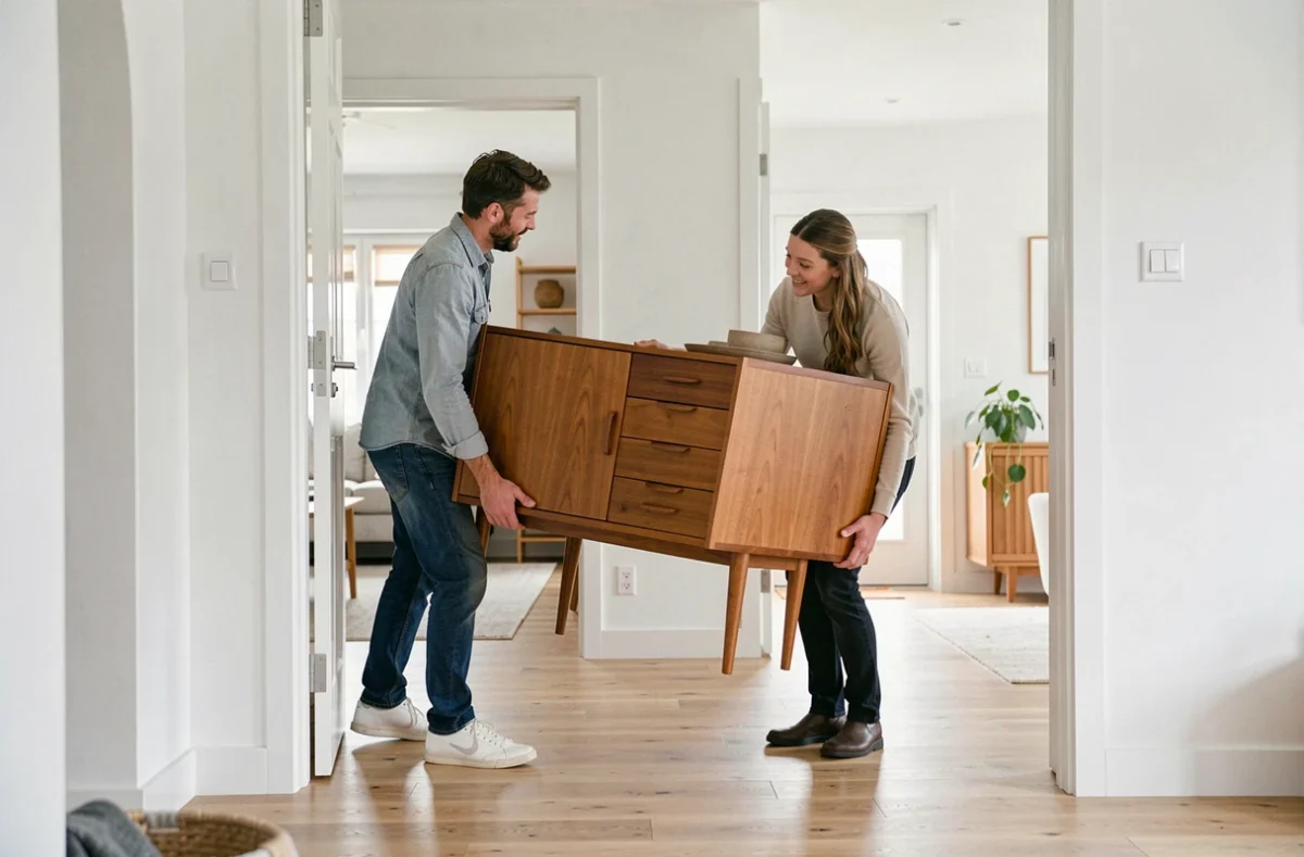 Deux personnes transportant un buffet en teck acheté d'occasion dans un appartement décoré en style scandinave
