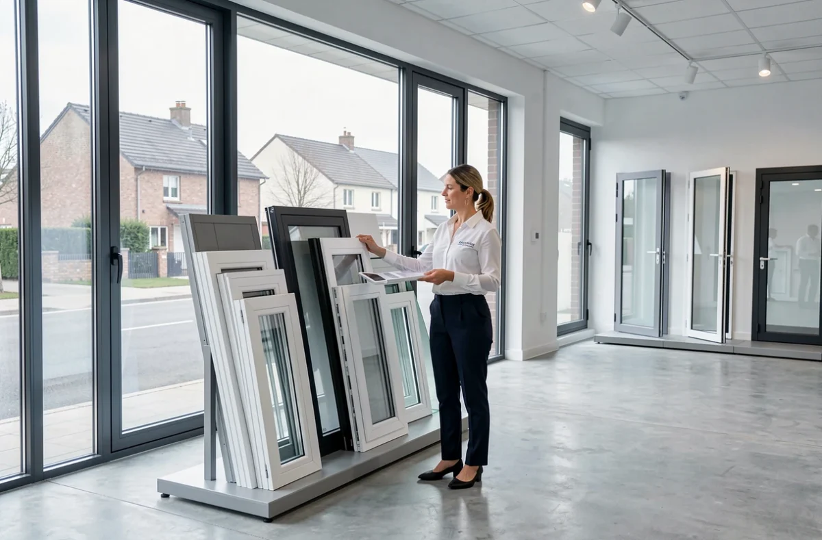 Conseillère de Tryba Pau présentant des échantillons de fenêtres PVC et aluminium dans le showroom de Pau