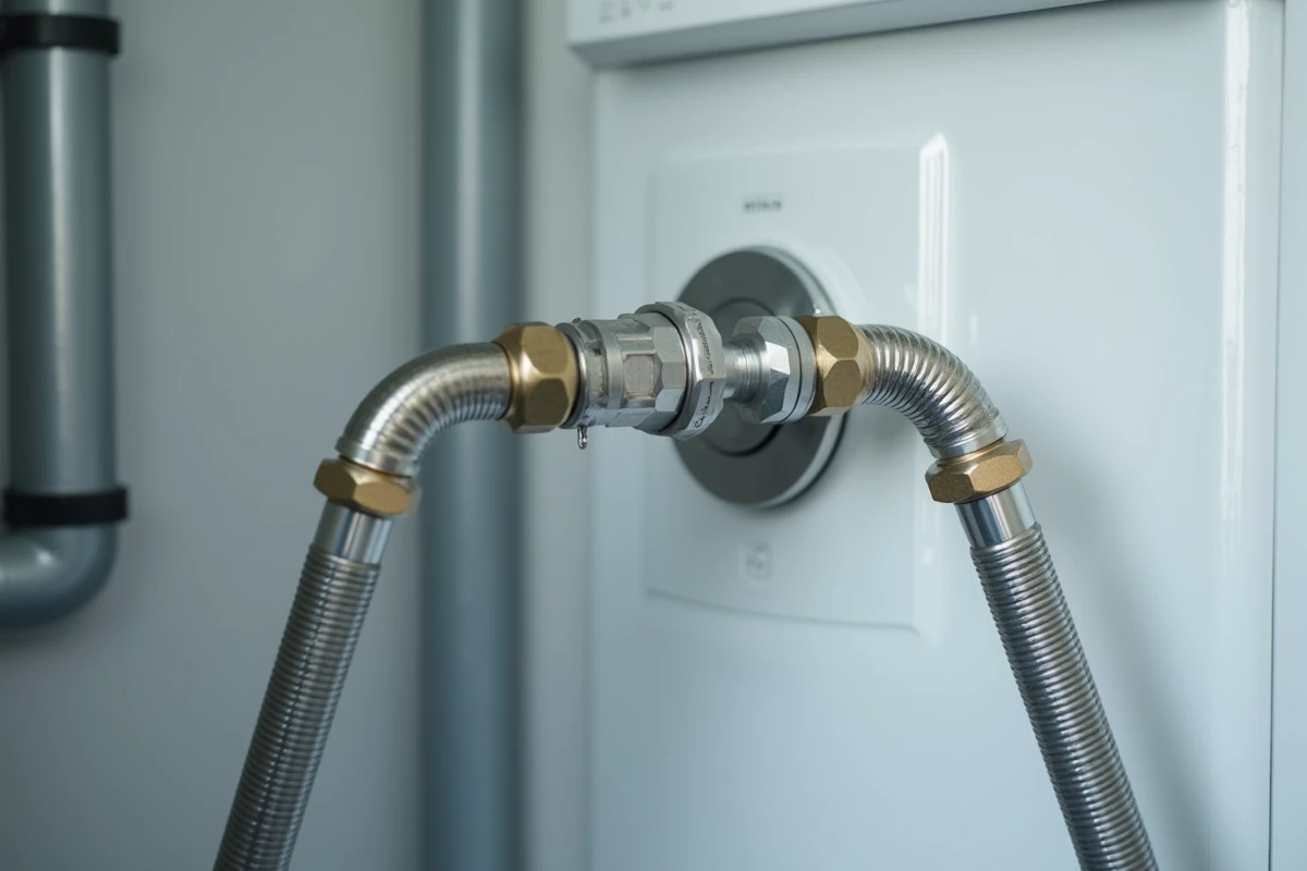 Tuyau d'alimentation en eau d'un lave-linge séchant avec valve murale et compteur de débit dans une buanderie