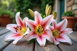 Gros plan sur trois variétés de lys parfumés — Casablanca, Star Gazer et Oriental — posés sur une table en bois rustique dans un jardin de campagne française