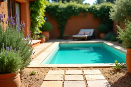 Abords de piscine végétalisés avec lavande, graminées ornementales et romarin en pot sur dallage en pierre naturelle