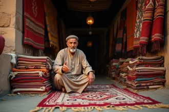 Vendeur berbère assis sur des tapis dans un souk marocain à Marrakech, avec des tapis aux motifs géométriques colorés
