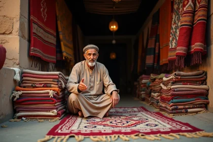 Vendeur berbère assis sur des tapis dans un souk marocain à Marrakech, avec des tapis aux motifs géométriques colorés