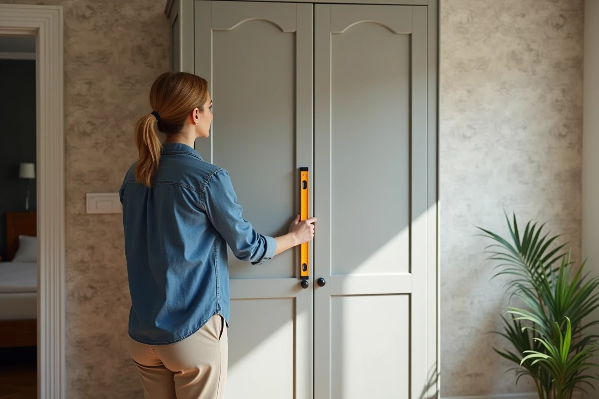 Femme vérifiant l'aplomb d'une grande armoire contre un mur avec un niveau à bulle dans une chambre décorée