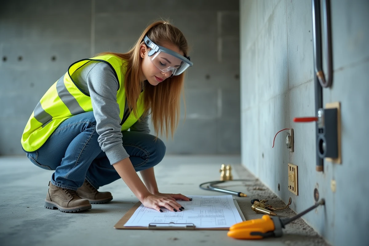 Technicienne en électricité vérifiant la conformité des prises et conduits dans un bureau en rénovation