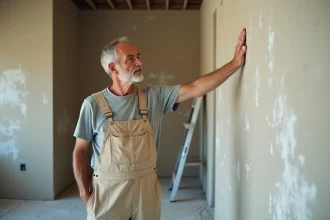 Artisan peintre vérifiant l'humidité d'un mur en plâtre avant de peindre dans une pièce en rénovation