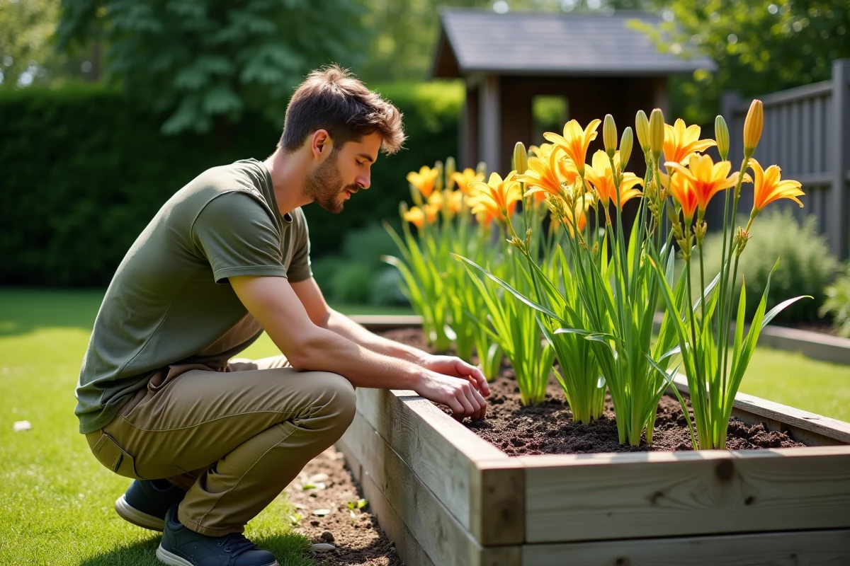 Homme vérifiant l'humidité du sol autour de lys jaunes et oranges dans un jardin surélevé