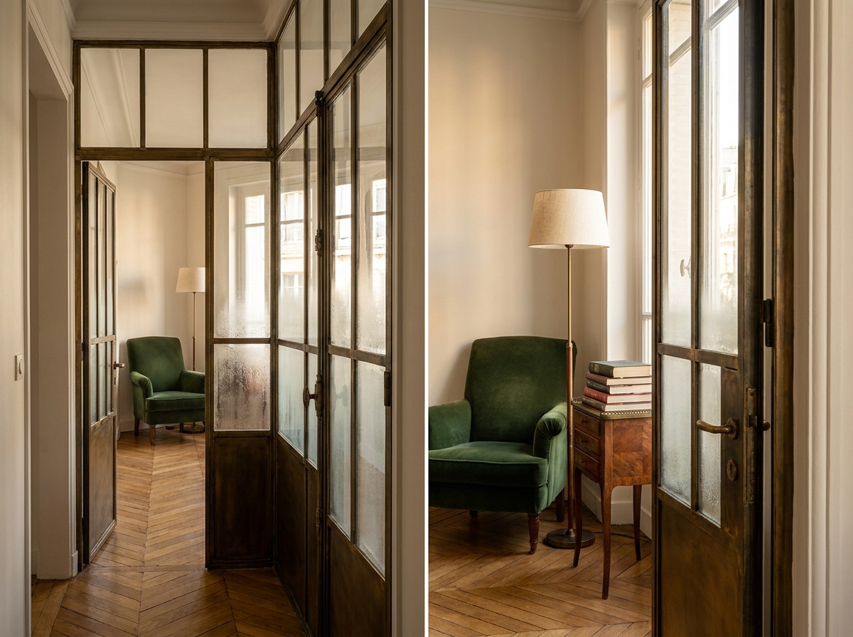 Verrière atelier avec ferrures en laiton séparant un couloir et un coin lecture dans un appartement haussmannien