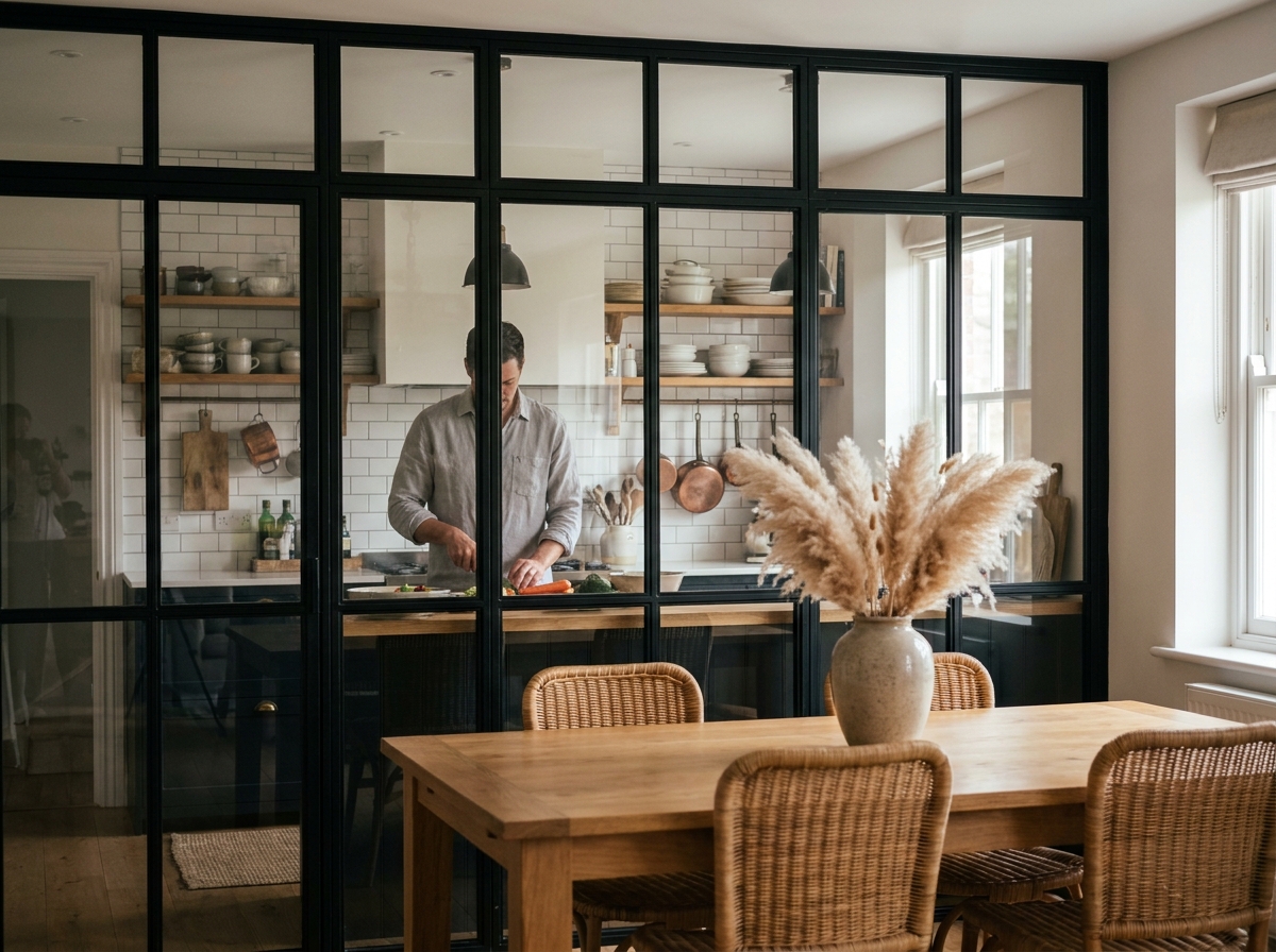 Verrière style atelier en acier noir entre cuisine et salle à manger dans une maison contemporaine