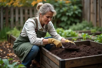 Femme vidant un composteur en bois dans un jardin potager en automne avec une truelle