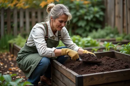 Femme vidant un composteur en bois dans un jardin potager en automne avec une truelle