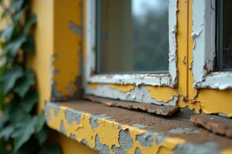 Gros plan sur un cadre de fenêtre en PVC vieilli et jauni avec micro-fissures visibles en extérieur