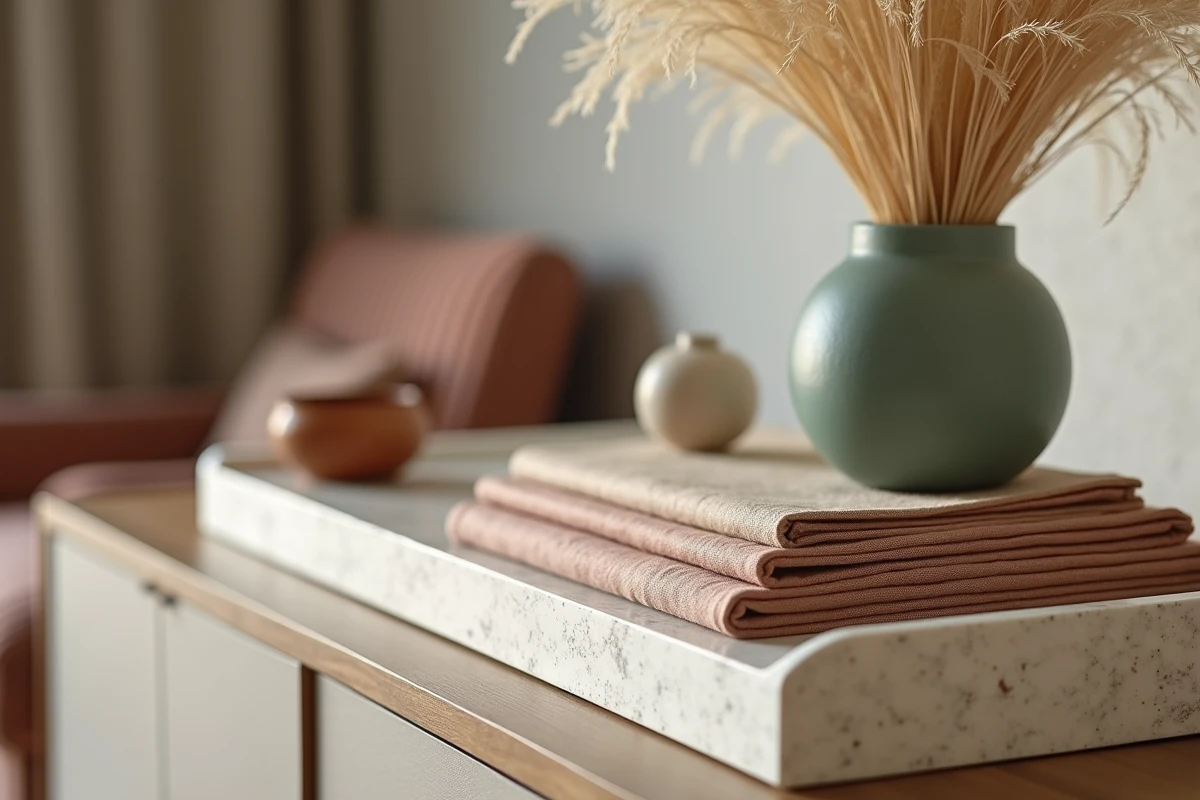 Vignette décorative tendance salon 2026 avec céramique vert sauge, terracotta et accessoires en lin sur console en bois naturel