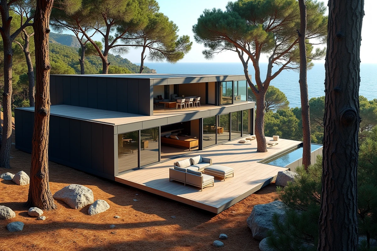 Villa moderne minimaliste avec façade vitrée et terrasse en bois intégrée dans une forêt de pins sur la Côte d'Azur