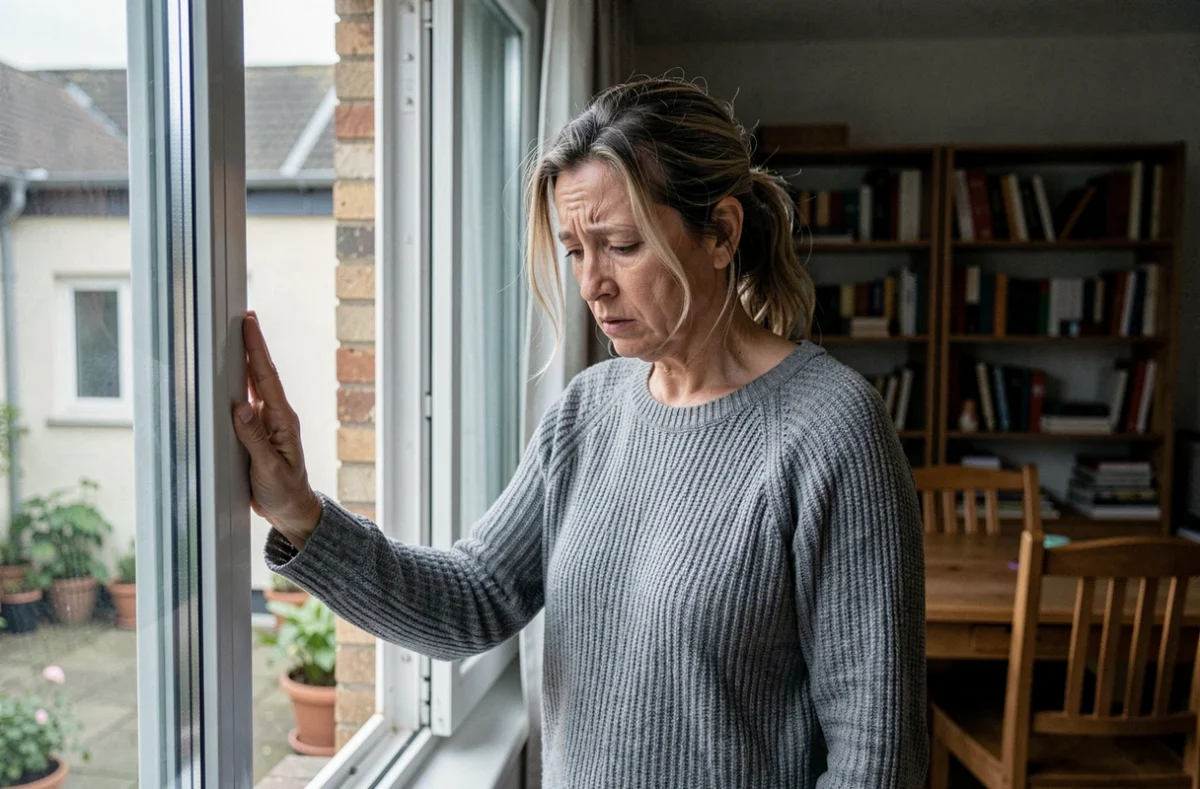 Femme se plaignant du bruit d'une pompe à chaleur depuis la fenêtre de son appartement résidentiel