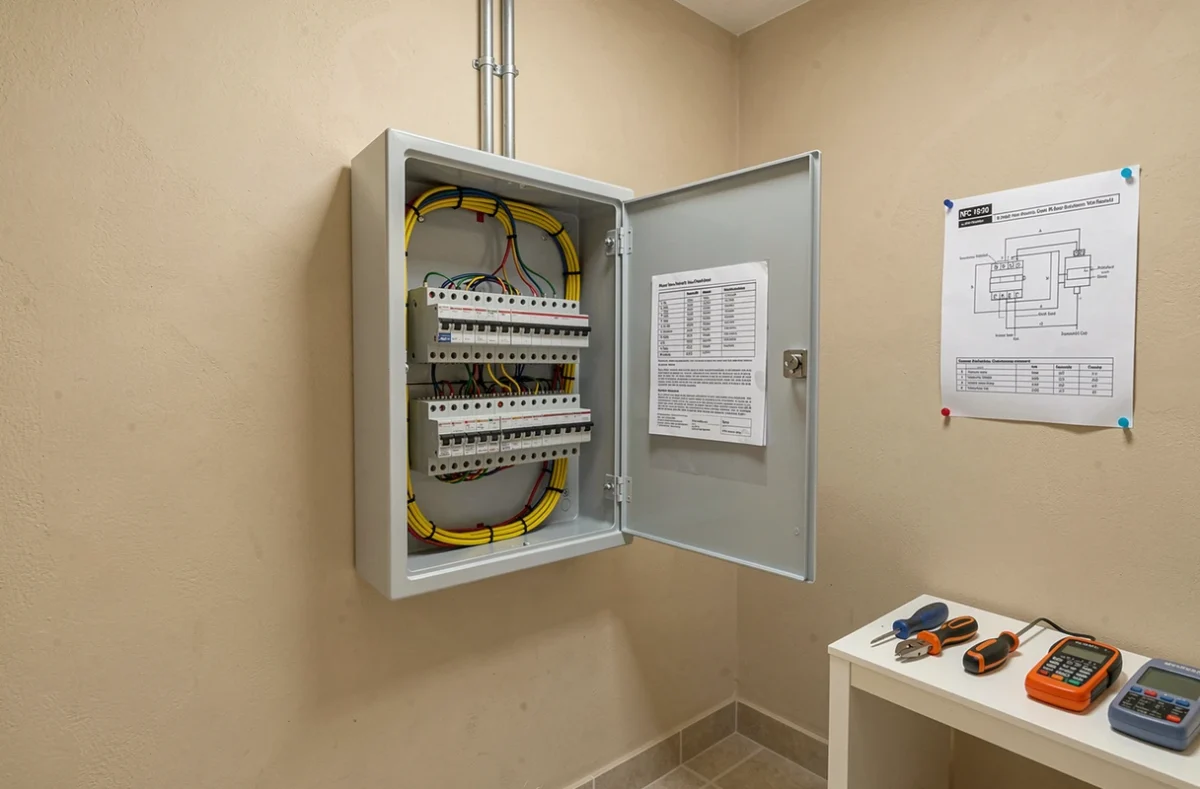 Vue d'ensemble d'un tableau électrique rénové avec disjoncteurs différentiels organisés et schéma électrique affiché conforme à la norme NF C 15-100
